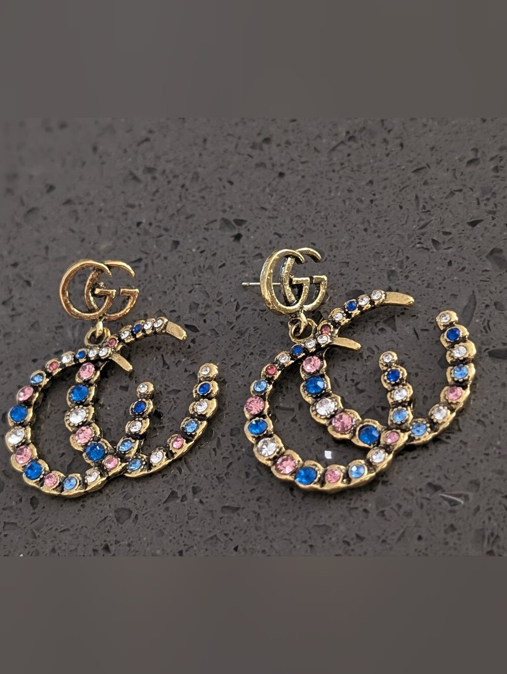 Fashion Jewelry Gold-Tone Logo Drop Earrings with Blue & Pink Stones Nwot